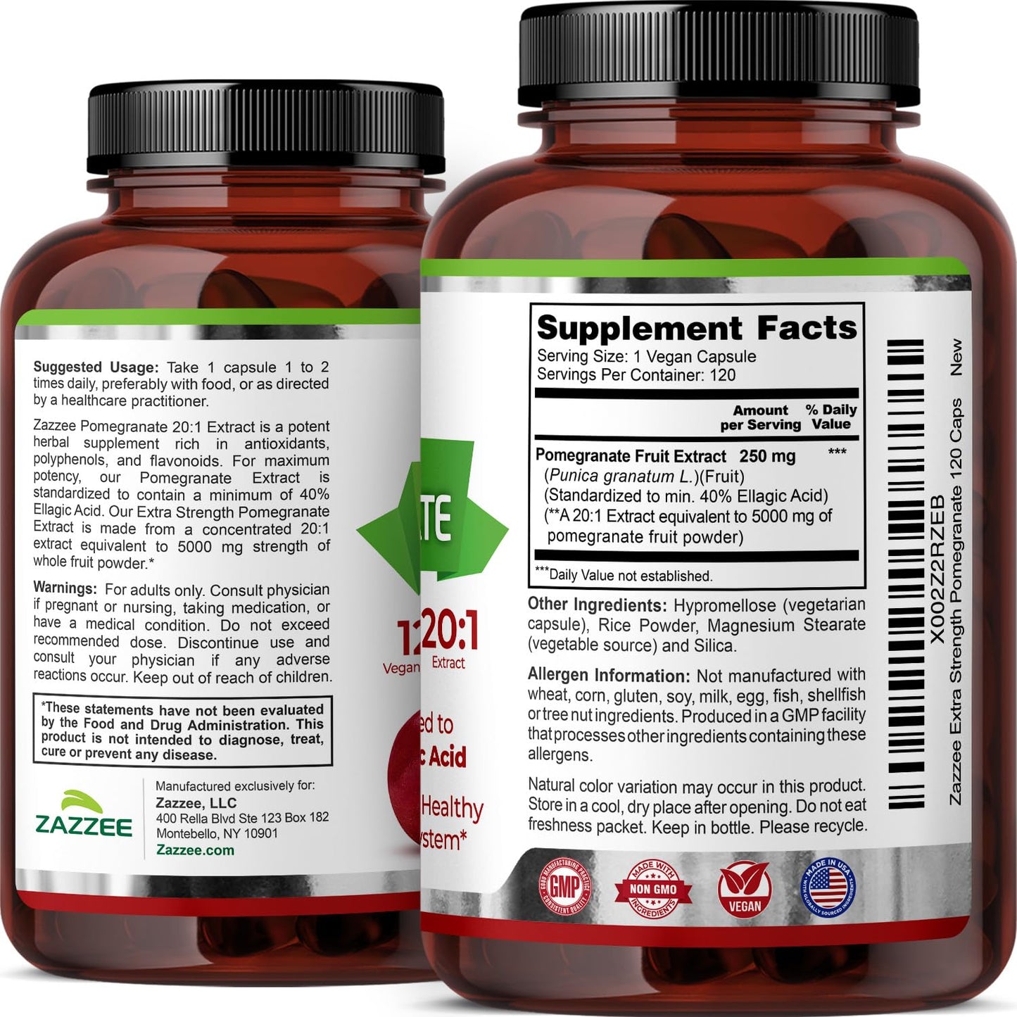Zazzee Extra Strength Pomegranate 20:1 Extract, 40% Ellagic Acid, 120 Vegan Capsules, 4 Month Supply, Punica Granatum, Antioxidant & Cellular Health Support, Non-GMO, Made in the USA