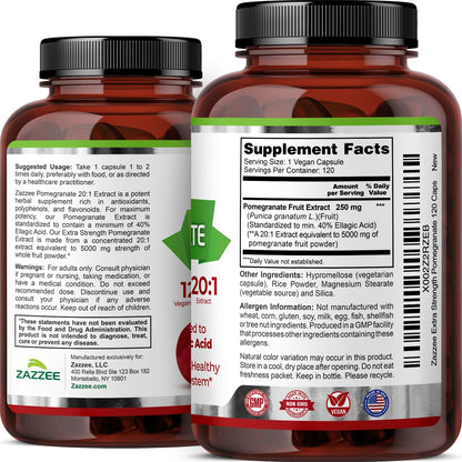 Zazzee Extra Strength Pomegranate 20:1 Extract, 40% Ellagic Acid, 120 Vegan Capsules, 4 Month Supply, Punica Granatum, Antioxidant & Cellular Health Support, Non-GMO, Made in the USA