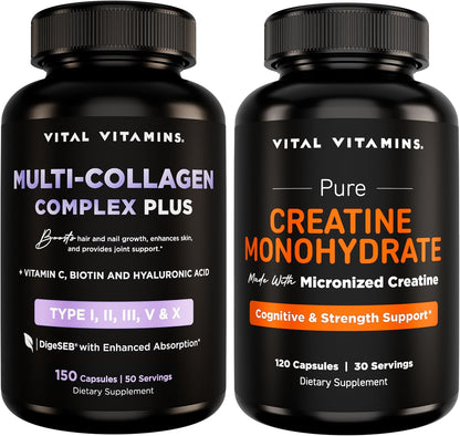 Vital Vitamins Multi Collagen Complex Plus 150 ct + Creatine Monohydrate Capsules 120 ct