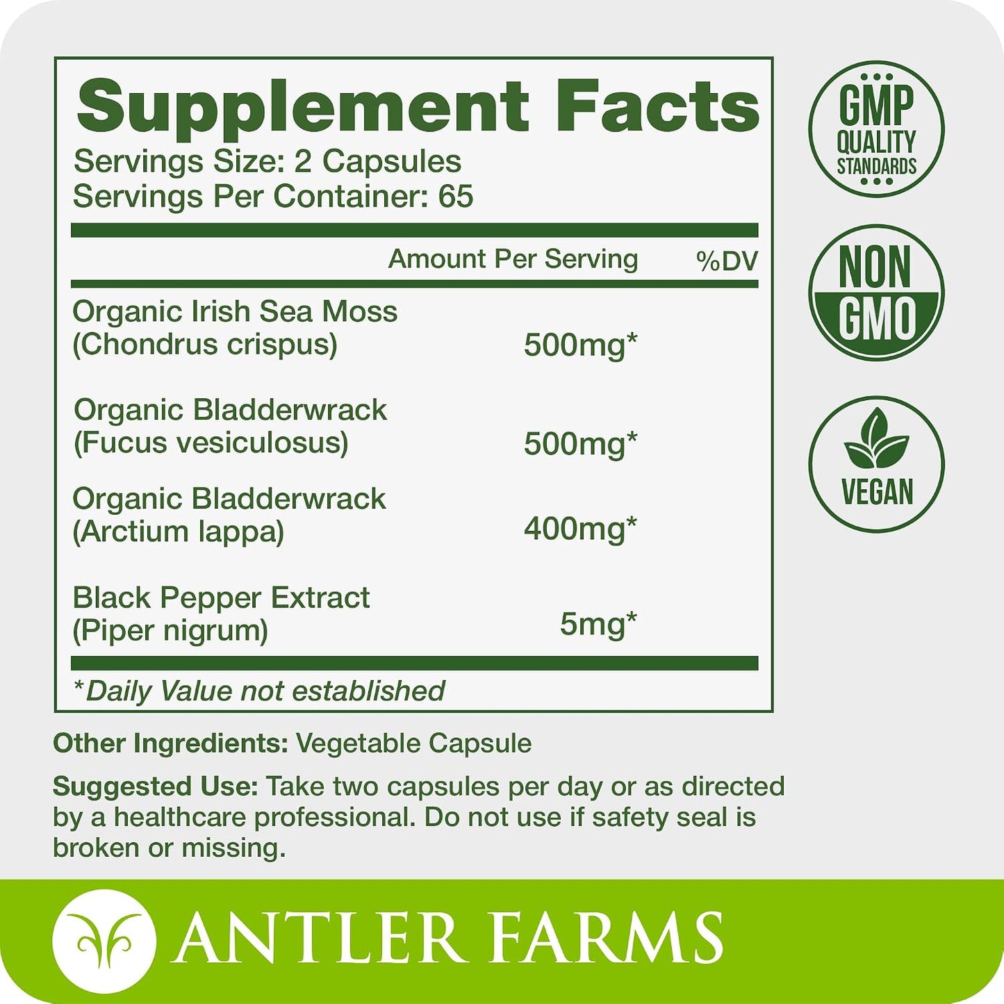 Antler Farms Sea Moss Complex - Bladderwrack, Burdock Root, 130 Capsules | Wildcrafted Irish Sea Moss, Bladderwrack, and Burdock Root, for Wellness, Vegan-Friendly, Gluten, Soy, and Dairy Free