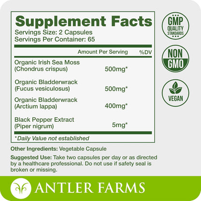 Antler Farms Sea Moss Complex - Bladderwrack, Burdock Root, 130 Capsules | Wildcrafted Irish Sea Moss, Bladderwrack, and Burdock Root, for Wellness, Vegan-Friendly, Gluten, Soy, and Dairy Free