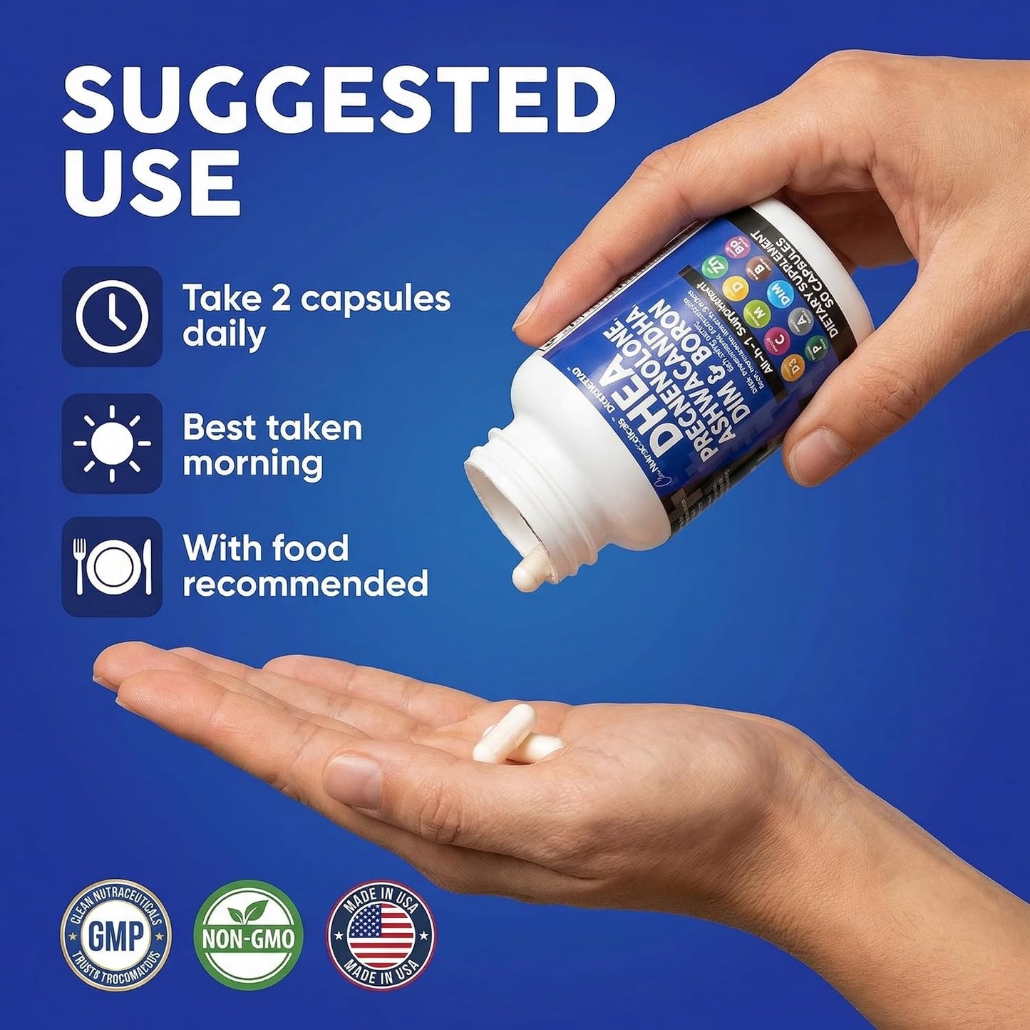 DHEA 200mg Supplement Pregnenolone 100mg for Men & Women with DIM Ashwagandha Boron 6mg Complex Calcium Magnesium Zinc 50mg Vitamin D3 5000 IU Hormone Support Capsules Pills Made in USA 60 Count