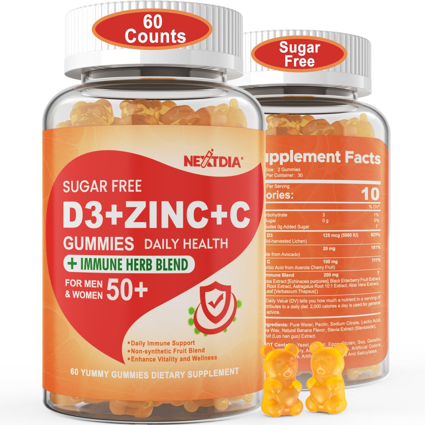 Sugar Free Vitamin C + D3 + Zinc Gummies for Adults 50 +, 9 in 1 Immune Defense Supplement with D3 5000IU, Elderberry, Echinacea, Mullein Leaf for Boost Immunity, Power Antioxidant, Vegan (Pack of 2)