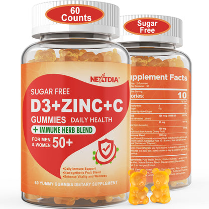 Sugar Free Vitamin C + D3 + Zinc Gummies for Adults 50 +, 9 in 1 Immune Defense Supplement with D3 5000IU, Elderberry, Echinacea, Mullein Leaf for Boost Immunity, Power Antioxidant, Vegan (Pack of 2)