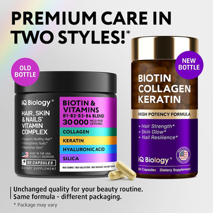 Biotin 10,000 mcg Supplement - Hair Growth Support for Women & Men - 60 pcs | Hair Skin and Nail Vitamins with Keratin, Collagen, Hyaluronic Acid & Vitamin B Complex - 30,000 mcg Hair Vitamins Complex
