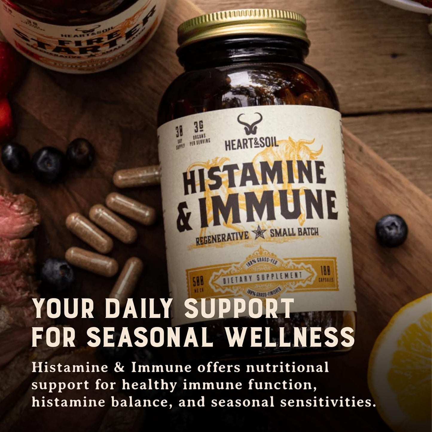 HEART & SOIL Histamine & Immune Support, 180 Capsules | 100% grass fed & finished from regenerative cattle with thymus, lung, spleen, liver & kidney. Immune defense.