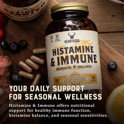 HEART & SOIL Histamine & Immune Support, 180 Capsules | 100% grass fed & finished from regenerative cattle with thymus, lung, spleen, liver & kidney. Immune defense.