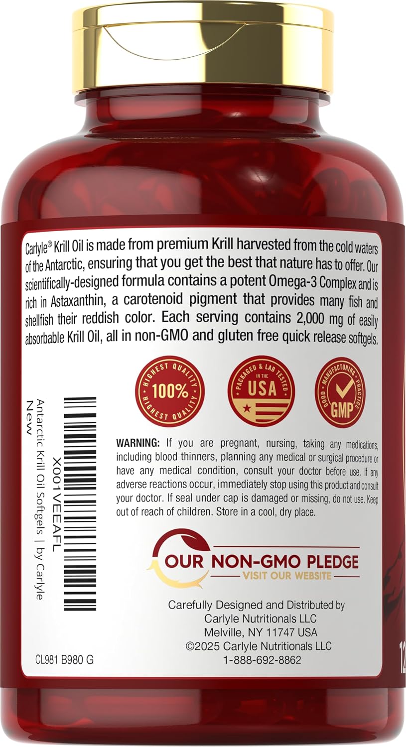 Carlyle Antarctic Krill Oil 2000mg | 120 Softgels | Maximum Strength | Omega-3 EPA, DHA, with Astaxanthin | Supplement Sourced from Red Krill | Laboratory Tested | Non-GMO and Gluten Free