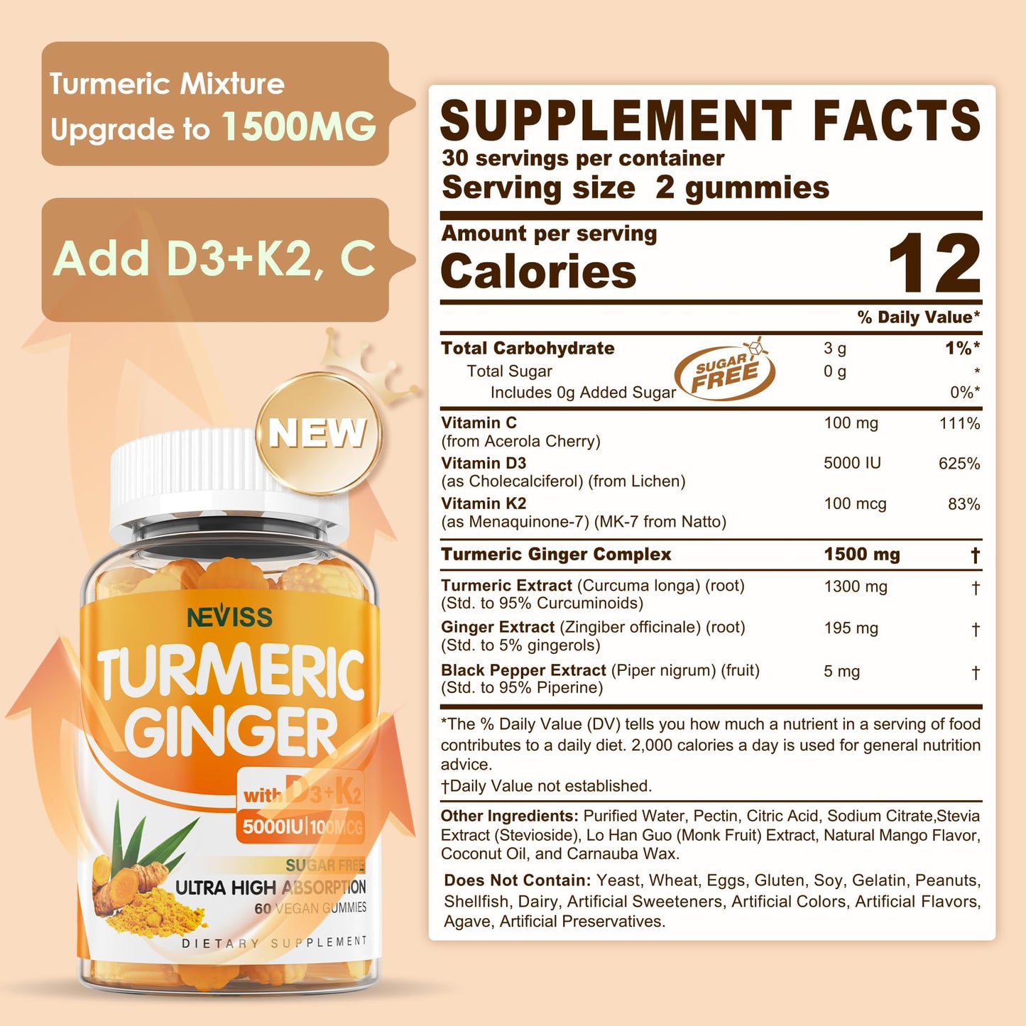 Turmeric and Ginger Gummies Supplement 1500mg w/Vitamin D3 5000 IU, K2 (MK7) & Black Pepper, Sugar Free Vegan Ginger and Turmeric Curcumin Supplements Gummy for Bone, Immune & Digestive Health, 120ct