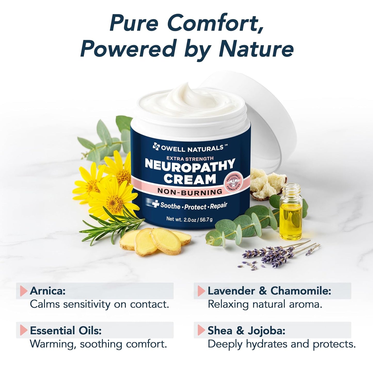 Owell Naturals Neuropathy Cream – Extra Strength Fast-Acting Comfort for Feet, Hands & Legs – Non-Burning Soothing Formula with Arnica – Cooling Skin Relief Cream, 2 oz