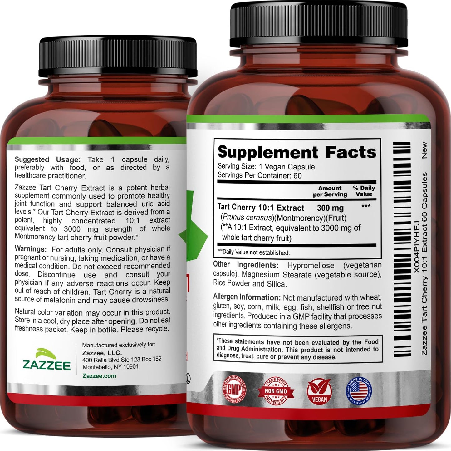Zazzee Tart Cherry 10:1 Extract, 200 Vegan Capsules, 6+ Month Supply, Montmorency Cherry, Certified Kosher, Joint & Uric Acid Support, Antioxidant Support Formula, Non-GMO, Made in the USA