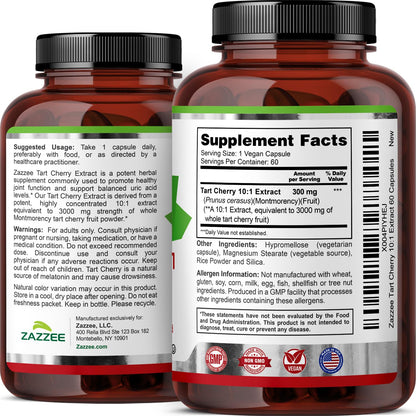 Zazzee Tart Cherry 10:1 Extract, 200 Vegan Capsules, 6+ Month Supply, Montmorency Cherry, Certified Kosher, Joint & Uric Acid Support, Antioxidant Support Formula, Non-GMO, Made in the USA