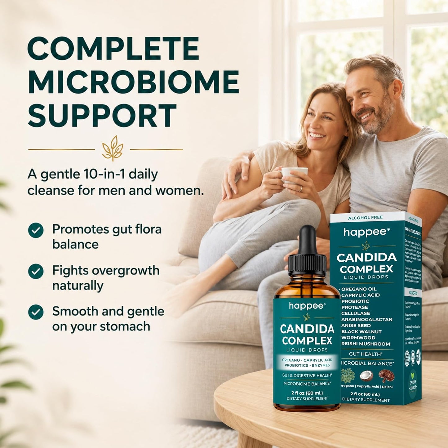 Happee Candida Cleanse Drops 10-in-1 Gut & Oral Detox Support Men Women 2oz | Yeast & Overgrowth Support - Oregano, Caprylic Acid & Probiotics - Flora Balance & Digestive Comfort - 60 Servings