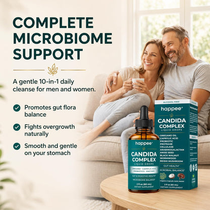 Happee Candida Cleanse Drops 10-in-1 Gut & Oral Detox Support Men Women 2oz | Yeast & Overgrowth Support - Oregano, Caprylic Acid & Probiotics - Flora Balance & Digestive Comfort - 60 Servings