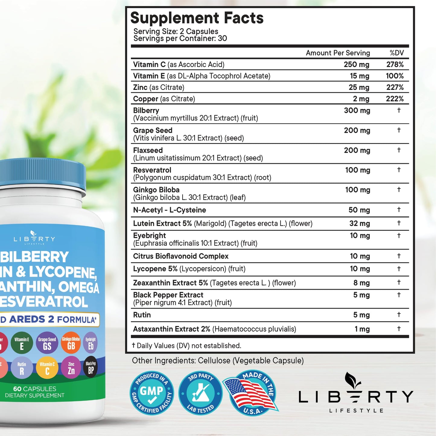 Liberty Lifestyle Eye Health Vitamins with Bilberry, Lutein & Zeaxanthin, Lycopene, Resveratrol, Grape Seed Extract Flaxseed Astaxanthin- AREDS 2-180 Capsules
