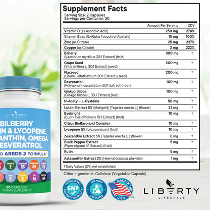 Liberty Lifestyle Eye Health Vitamins with Bilberry, Lutein & Zeaxanthin, Lycopene, Resveratrol, Grape Seed Extract Flaxseed Astaxanthin- AREDS 2-180 Capsules