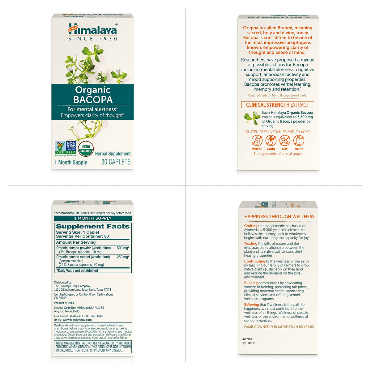Himalaya USDA Organic Bacopa Monnieri Supplement,750 mg,60 Caplets