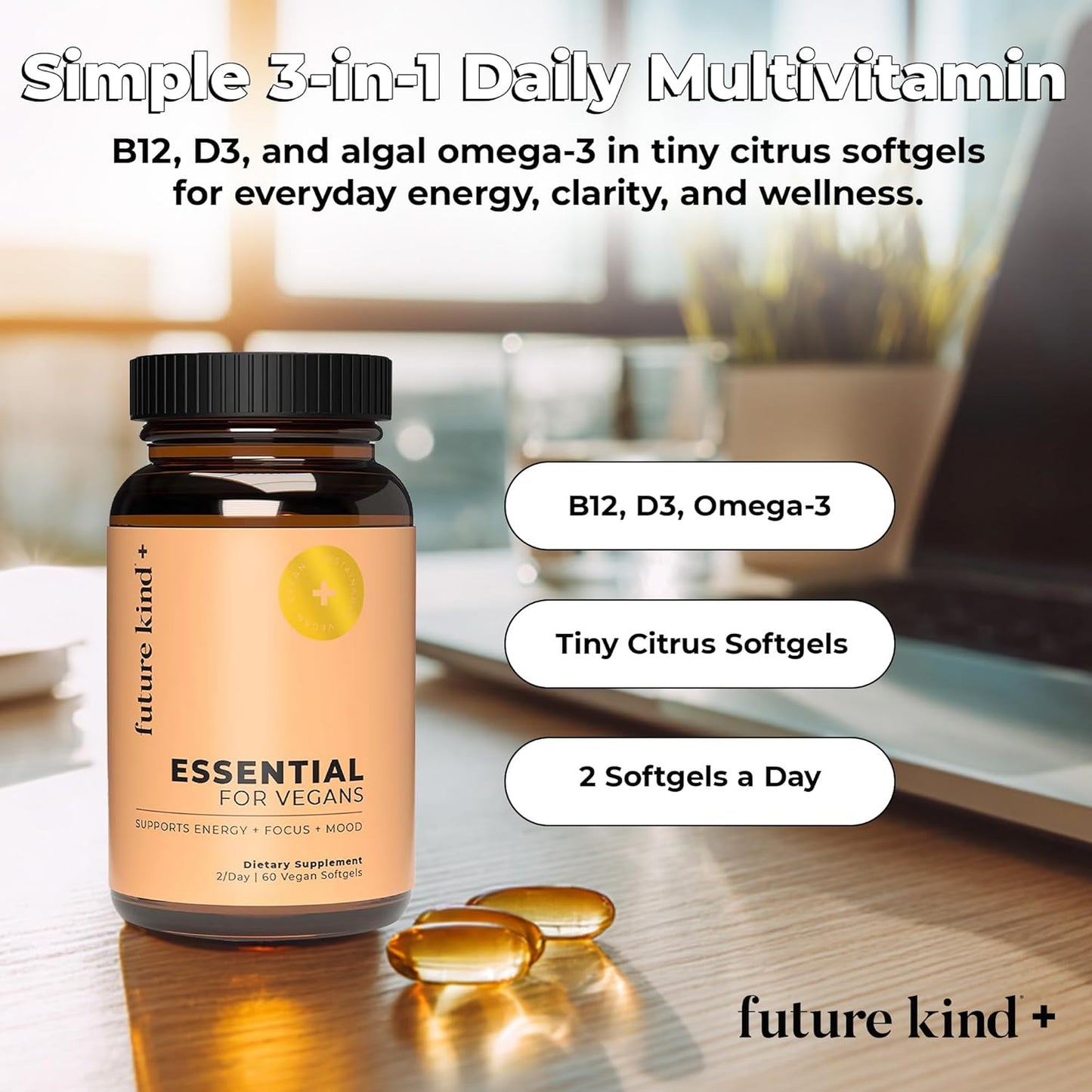 Future Kind 3 in 1 Daily Multivitamin - for Energy, Clarity, Active Wellness Support with B12, D3, and Algal Omega-3 - Essential Vegan Multivitamin for Women & Men - Tiny Citrus Softgels (60 Count)