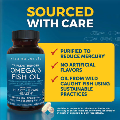 Omega 3 Fish Oil Supplement for Women and Men - 2500 mg Triple Strength Fish Oil per Serving with Omega 3 Fatty Acids Including EPA, DHA DPA - 180 Pescatarian-Friendly Softgels