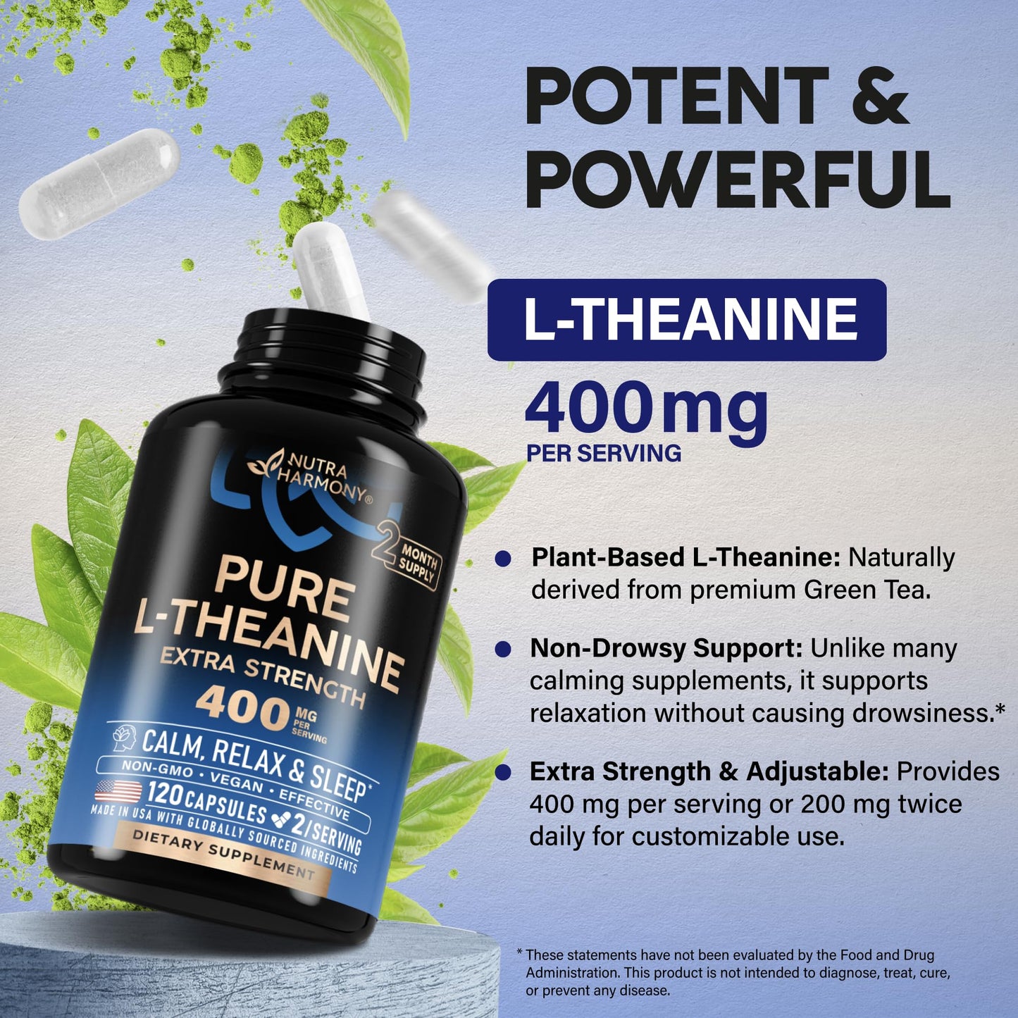 L Theanine 400 mg | L-Theanine Stress Relief | Extra Strength Supplement | Lab Tested | Relaxation, Sleep & Calm Support | For Men & Women | Plant Based, Non-GMO & Gluten-Free | 120 Vegan Capsules