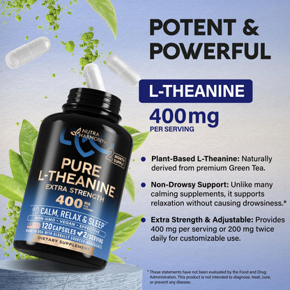 L Theanine 400 mg | L-Theanine Stress Relief | Extra Strength Supplement | Lab Tested | Relaxation, Sleep & Calm Support | For Men & Women | Plant Based, Non-GMO & Gluten-Free | 120 Vegan Capsules