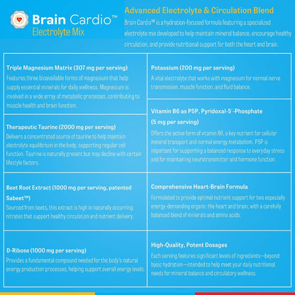 Brain Bean Brain Cardio Electrolyte Mix - Mandarin/Orange Flavors - Heart & Brain Support with Magnesium, Taurine, Potassium, D-Ribose, Beet Root & Vitamin C - 30 Serving