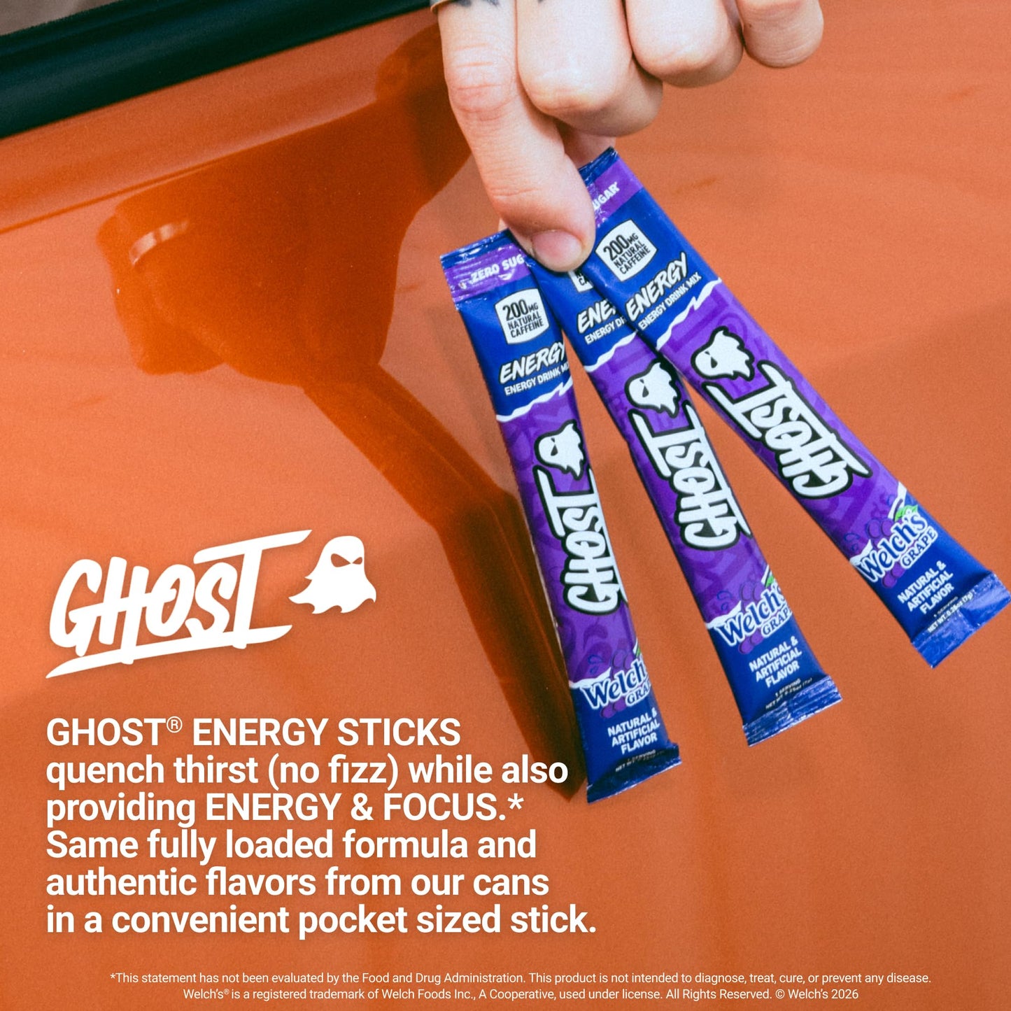 GHOST Sugar-Free Energy Drink Packets, Welch's Grape - 200mg of Natural Caffeine, Daily Vitamins & More, No Artificial Colors - Pre-Workout Energy Drink Mix - 24 On The Go Sticks