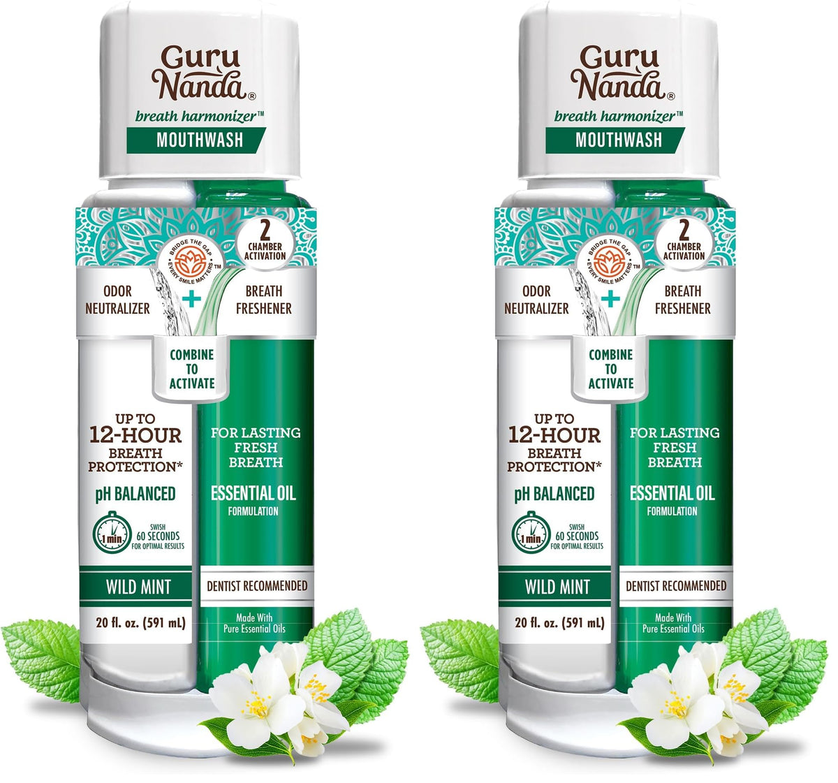 GuruNanda Dual Barrel Fresh Breath Mouthwash with Xylitol, Mint, 3x20 oz