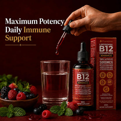 Liposomal Vitamin B12 Liquid Drops 5000mcg, Triple Active B12 Complex with Folate, B6, Biotin & Zinc, Vegan Berry Mint Formula, 60ml