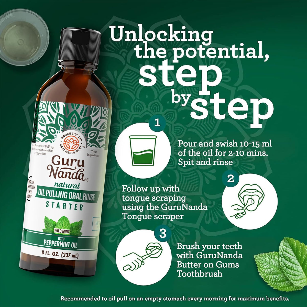 GuruNanda Starter Coconut Oil Pulling Mouthwash with Peppermint Oil, 8oz