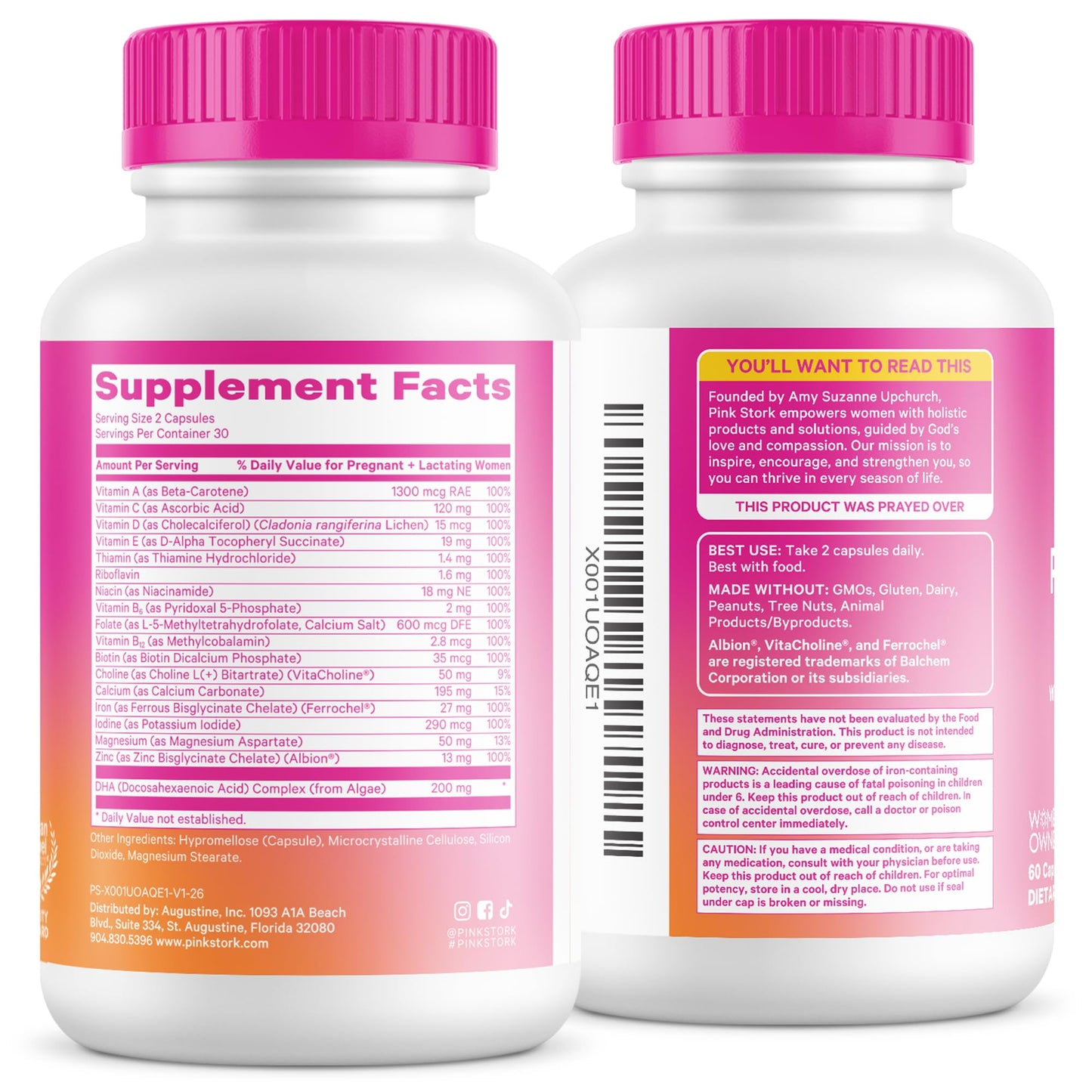 Pink Stork Total Prenatal Vitamins, No Fishy Burps, 60 Capsules, Berry | Clean Label Award, Support Fetal Development, Vegan DHA, Methylfolate, Iron, Choline, Vitamin B12, Pregnancy Essentials,