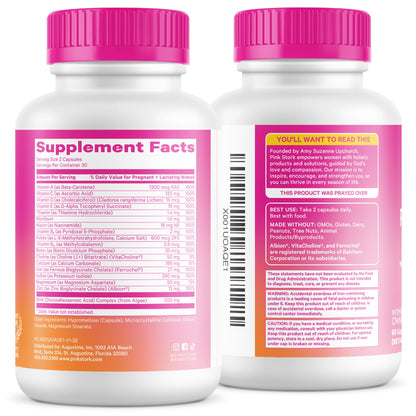 Pink Stork Total Prenatal Vitamins, No Fishy Burps, 60 Capsules, Berry | Clean Label Award, Support Fetal Development, Vegan DHA, Methylfolate, Iron, Choline, Vitamin B12, Pregnancy Essentials,
