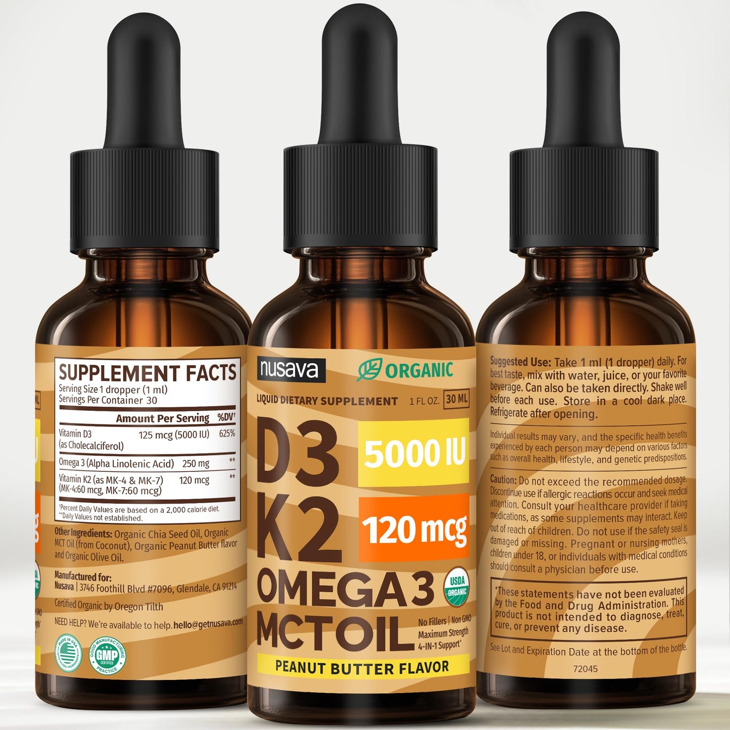 (2 Pack) Organic Vitamin D3 K2 Drops with MCT Oil & Omega 3 - Liquid Vitamin D3 5000 IU - K2 D3 Vitamin Supplement - Vitamin D Drops for Women & Men - No Fillers, Non-GMO, GMP, Unflavored (2 Fl Oz)