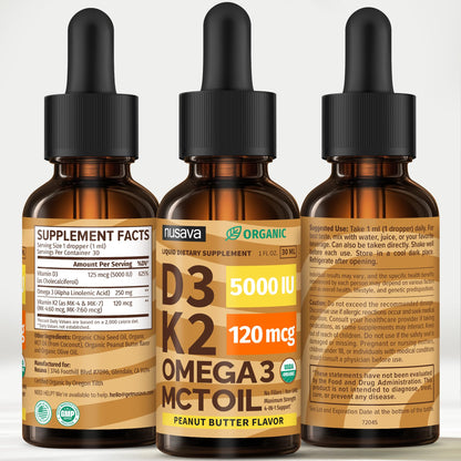 (2 Pack) Organic Vitamin D3 K2 Drops with MCT Oil & Omega 3 - Liquid Vitamin D3 5000 IU - K2 D3 Vitamin Supplement - Vitamin D Drops for Women & Men - No Fillers, Non-GMO, GMP, Unflavored (2 Fl Oz)