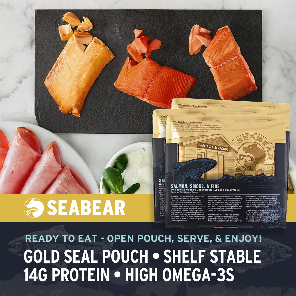 SeaBear Smoked Salmon Trio 18oz (3 x 6oz) Fillets Gift Box – Wild Alaska Sockeye, Wild Pink & Coho Fillets, Shelf Stable, Ready to Eat, 18 Ounce (3 x 6 Ounce) Filets