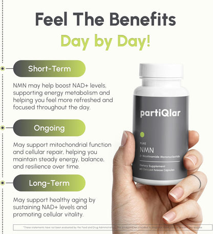 partiQlar NMN Supplement 500mg - High Purity Nicotinamide Mononucleotide - NAD+ Booster for Anti-Aging, Cellular Energy & Longevity - 60 Veggie Capsules