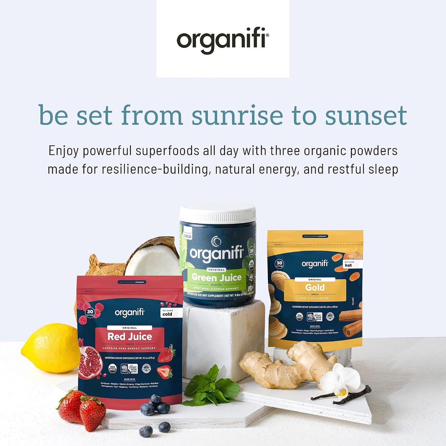 Organifi Sunrise to Sunset Power Box (9.5 Oz. Each) - Organic Superfood Powder - Green Juice, Red Juice, Golden Milk- 30-Day Supply - Vegan