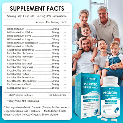 CANLIST Probiotics 120 Billion CFUs 18 Strains, 3 Prebiotics & Digestive Enzymes for Men Women,Digestive & Immune Support,Shelf Stable Non-GMO 60 Capsules