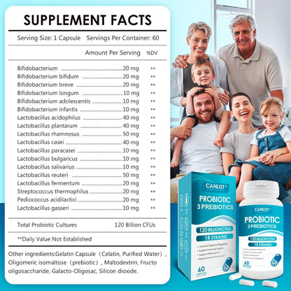 CANLIST Probiotics 120 Billion CFUs 18 Strains, 3 Prebiotics & Digestive Enzymes for Men Women,Digestive & Immune Support,Shelf Stable Non-GMO 60 Capsules