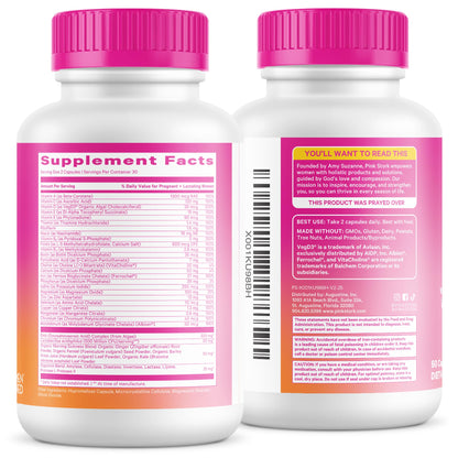 Pink Stork Premium Prenatal Vitamins for Women, 60 Count | No Fishy Burps, Methylated Folate, Choline, Vegan Algae DHA, Iron, Doctor-Formulated, Organic Whole-Foods, Probiotic