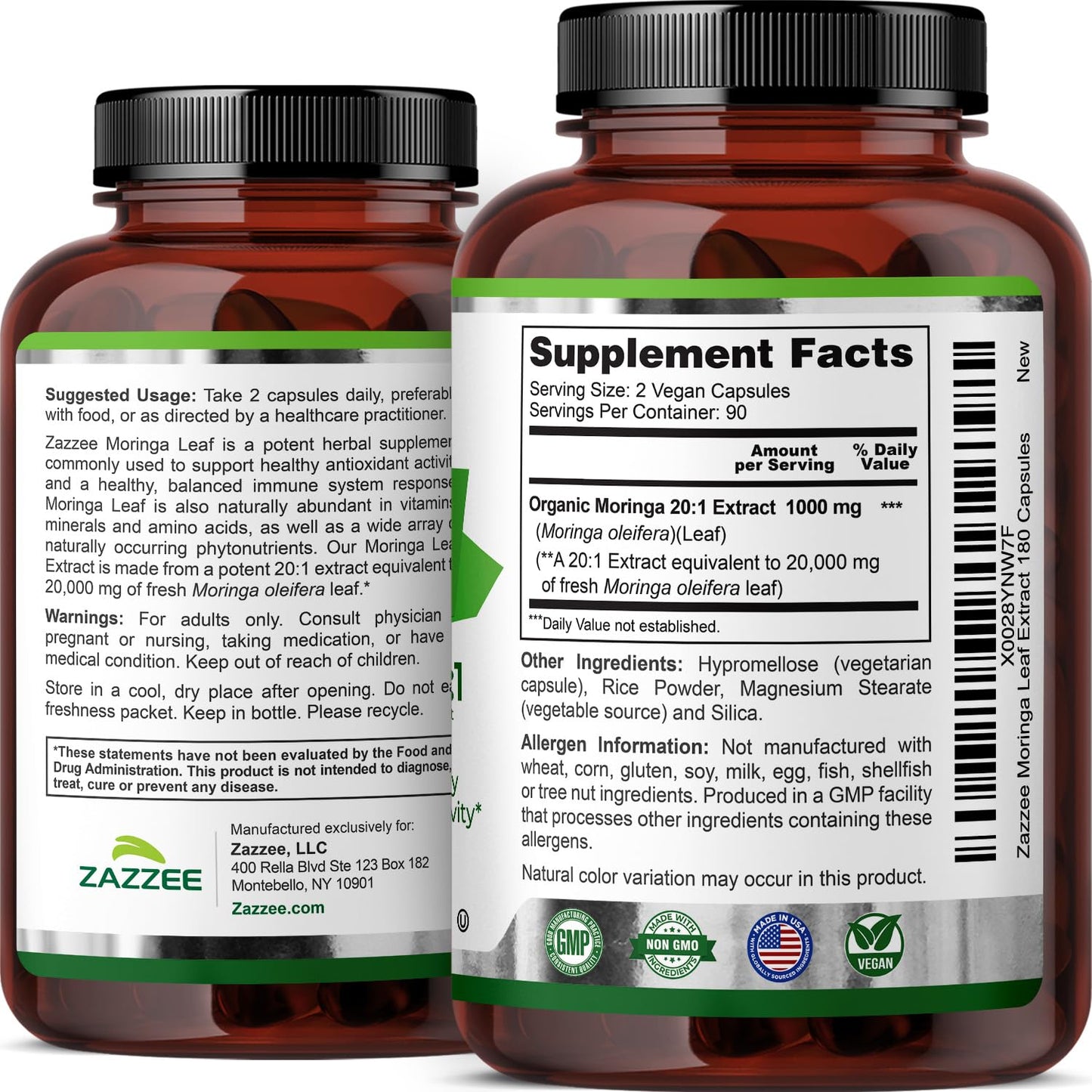 Zazzee USDA Organic Moringa Leaf 20:1 Extract, 180 Vegan Capsules, 3 Month Supply, Certified Kosher, Moringa Oleifera, Antioxidant, Immune & Cellular Support, Superfood Supplement, Made in the USA