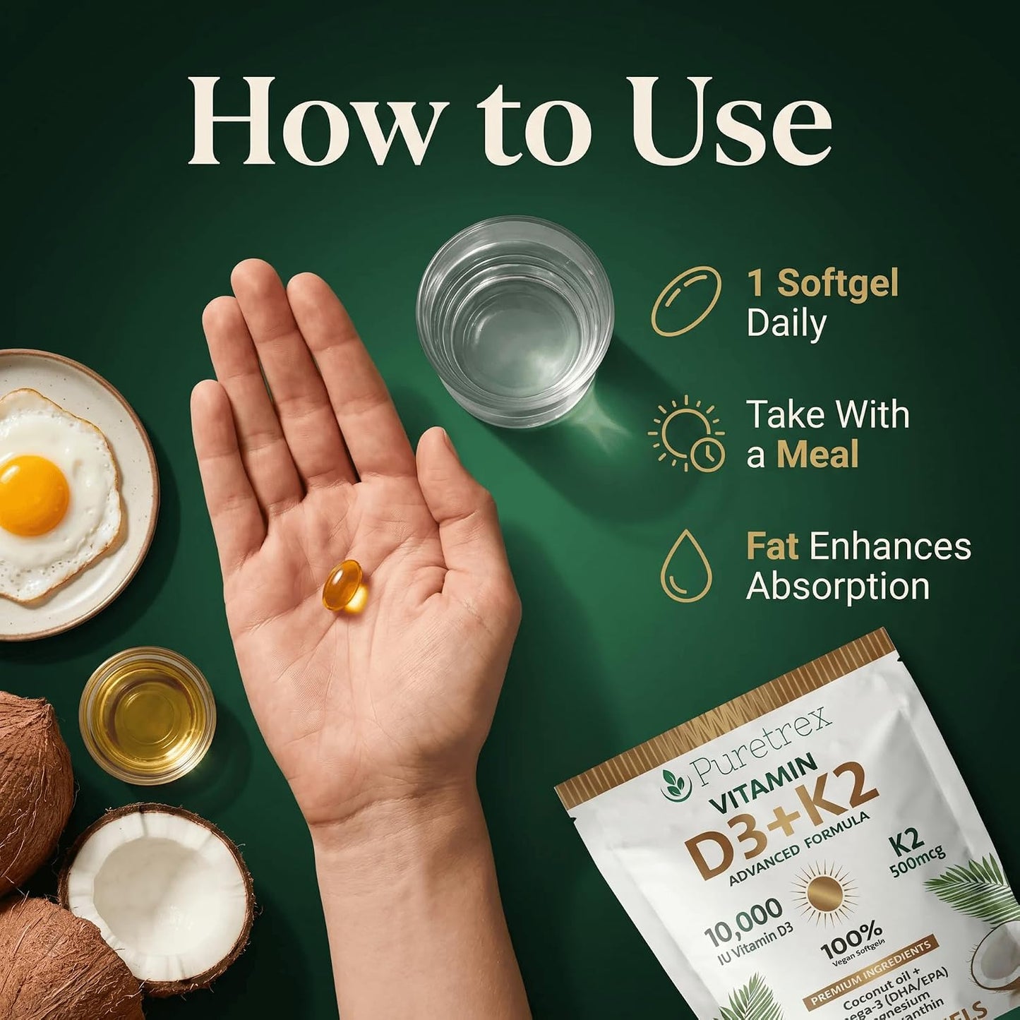 Vitamin D3 K2 10000 IU with 500mcg MK7 (MK-7) - Advanced Formula Vegan Softgels, Lichen Sourced D3, Omega 3 DHA EPA, Magnesium Glycinate, Astaxanthin, Black Seed, Coconut Oil, 180 Softgels