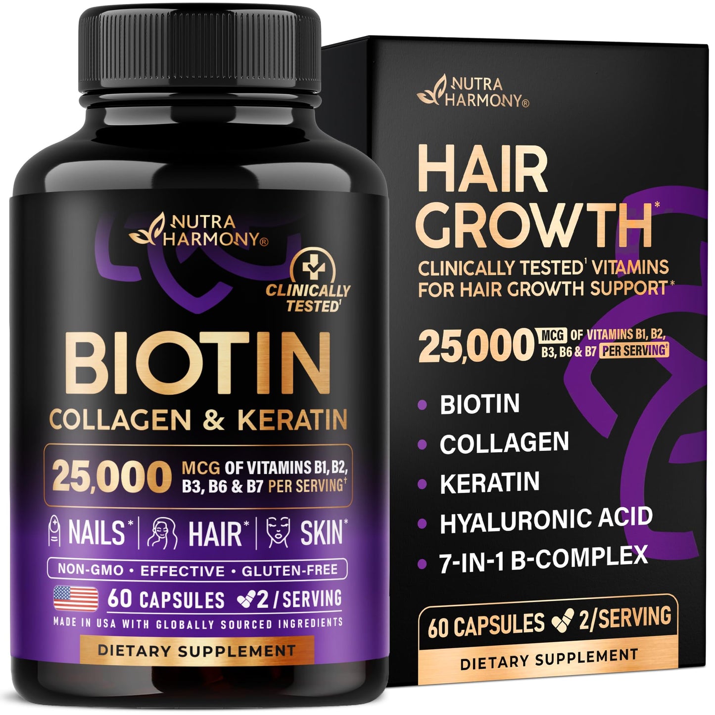 Biotin | Collagen | Hyaluronic Acid | Keratin - Hair Growth & Strength Support Vitamins - Skin & Nails Supplement - Clinically Tested for Men & Women - 25000mcg Vitamins B1, B2, B3, B6 & B7 - 60 Caps