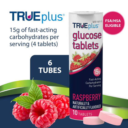 TRUEplus Glucose Tablets, Raspberry Flavor, 10 Count, 6 Tubes | Chewable Tablets, 15g Fast-Acting Carbohydrates, Fat Free, Gluten Free, Boosts Energy, Great Tasting and Easy to Use