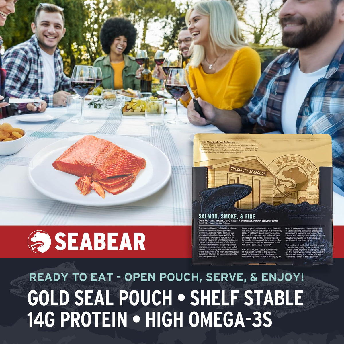SeaBear Smoked Salmon Trio 18oz (3 x 6oz) Fillets Gift Box – Wild Alaska Sockeye, Wild Pink & Coho Fillets, Shelf Stable, Ready to Eat, 18 Ounce (3 x 6 Ounce) Filets
