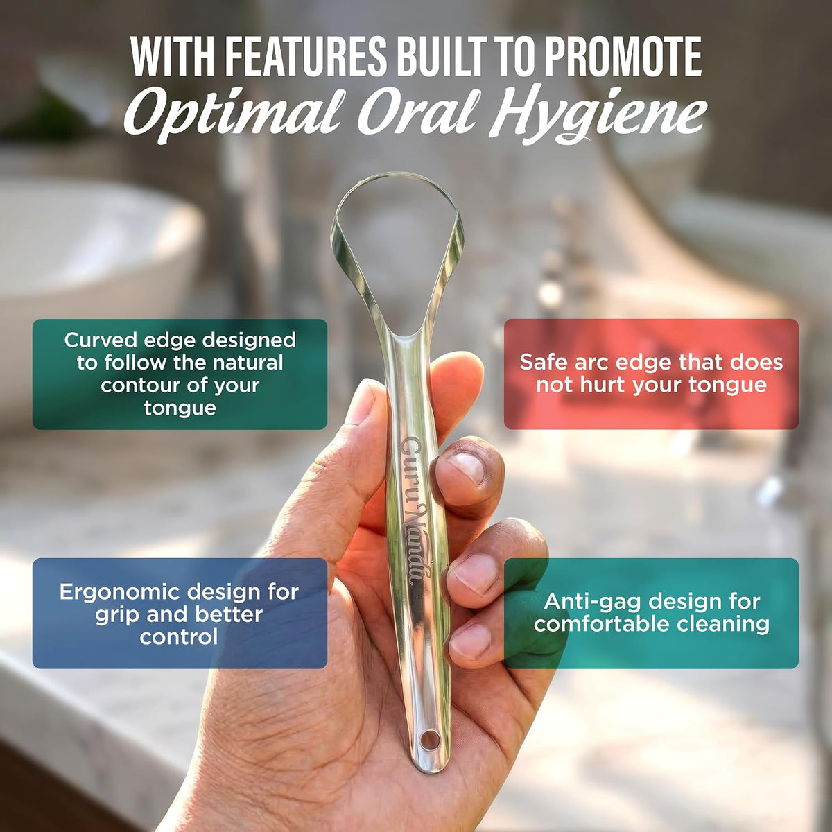 GuruNanda Stainless Steel Tongue Scraper (Pack of 2), Fight Bad Breath, Medical Grade 100% Stainless Steel Tongue Cleaner, Tongue Scraper For Adults and Kids, Great For Oral Care, Travel Friendly