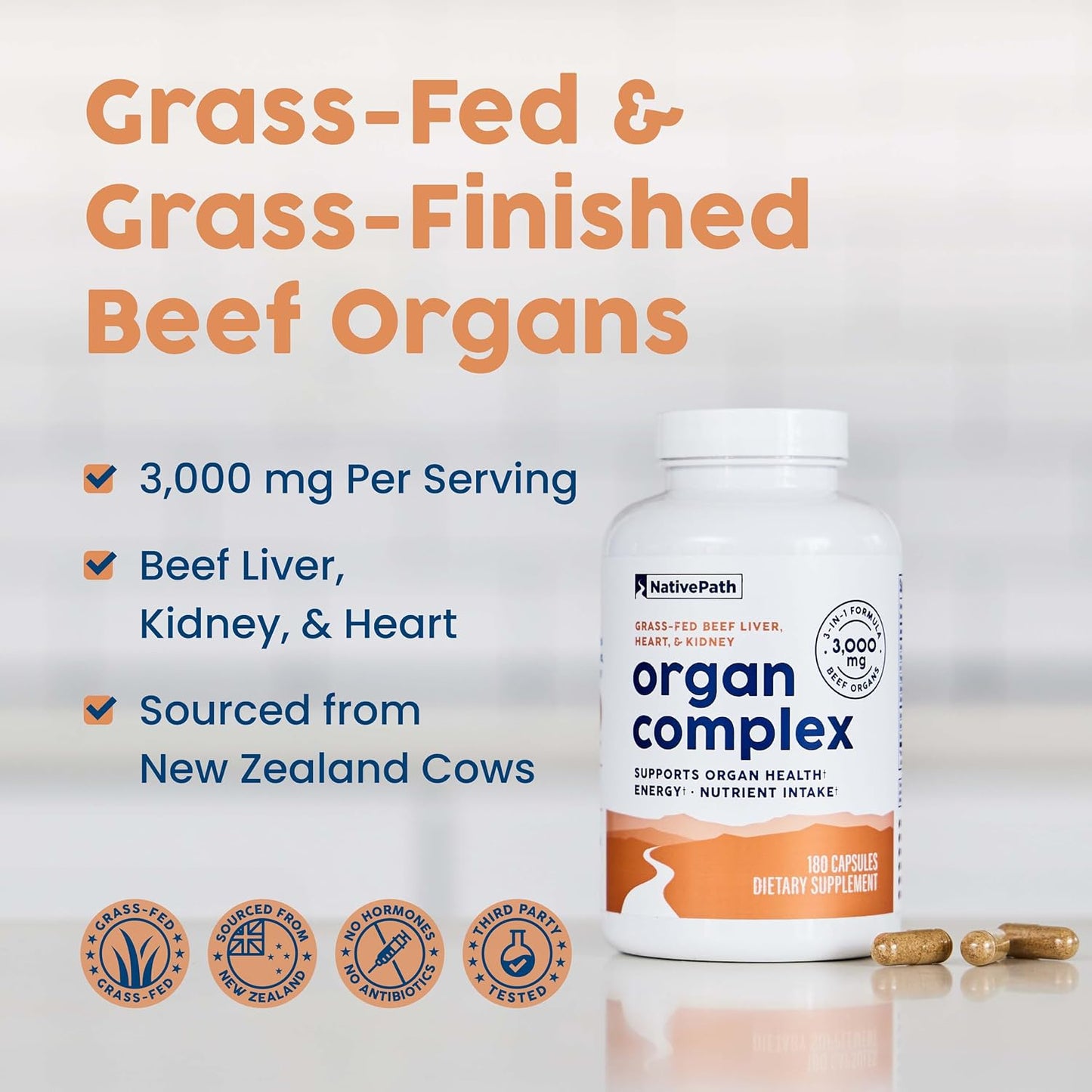 NativePath Beef Organ Complex, Liver Heart Kidney, 180 Count | Grass-Fed, Freeze-Dried, Rich In Vitamin A, B12, Iron & Choline, New Zealand Sourced, Daily Energy
