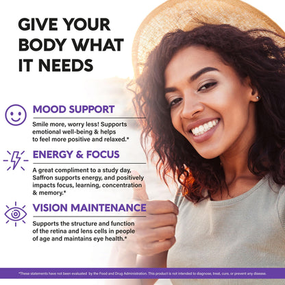 Natural Saffron Supplements - Pure Saffron Extract 88.5 mg - Mood | Focus | Vision | Energy Support - Eye Health for Women & Men - Lab Tested - NonGMO Vegan Pills - 90 Powder Capsules, 3 Month Supply