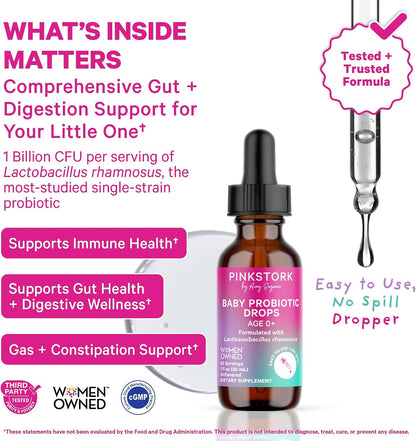 Pink Stork Baby Probiotic Drops, Newborn, Infant & Toddler Probiotics to Help Aid Digestion and Constipation Support, Newborn Essentials - 1 fl oz, 2 Month Supply