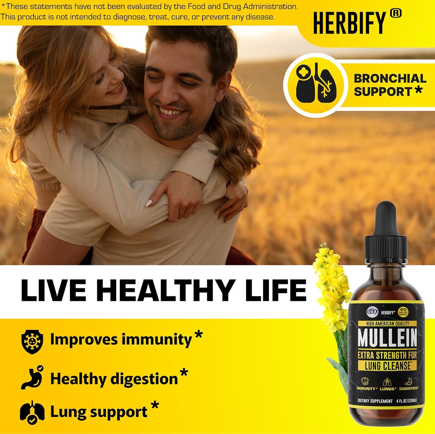 HERBIFY Bundle - Lions Mane & Mullein 4 Fl Oz Drops - Supplement for Memory, Focus & Clarity & Immune Support, Lung Cleanse and Bronchial Support